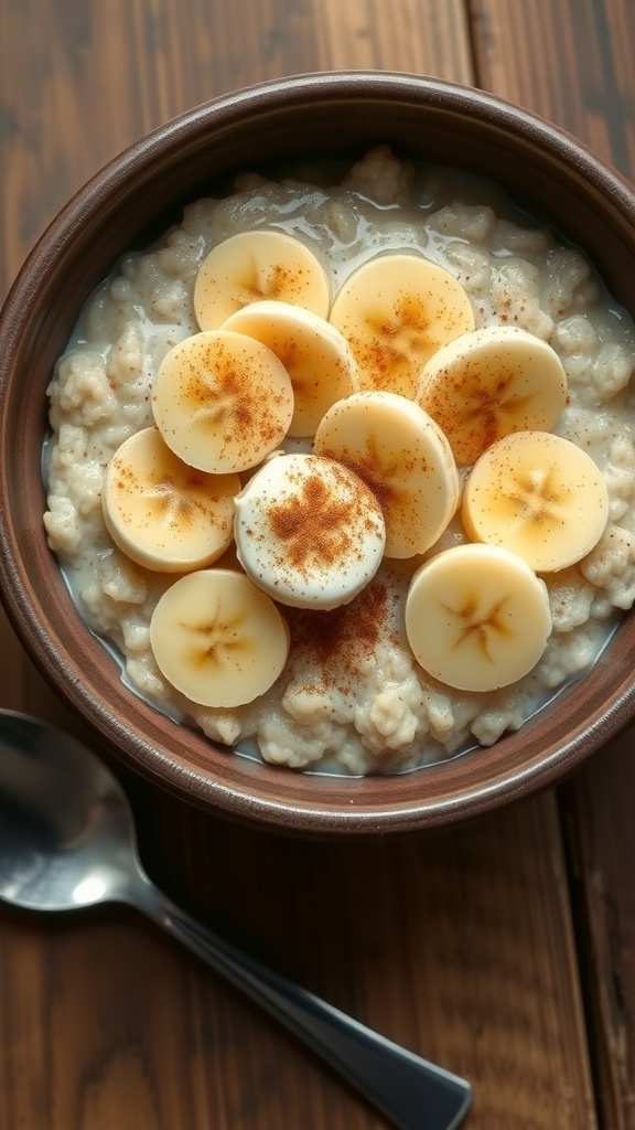 Quick 2-Minute Oatmeal Recipe A bowl of oatmeal topped with bananas and honey on a wooden table.